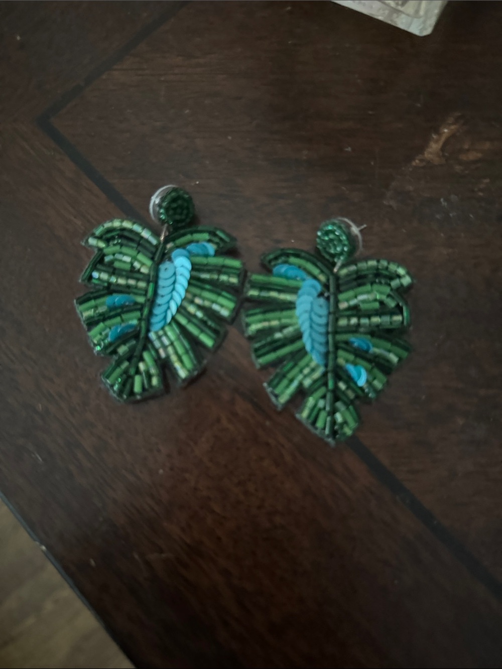 Anthropologie Green and Teal Beaded Leaf Statement Earrings